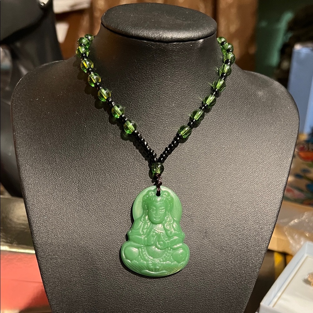 Green Beaded Necklace with Buddha Pendant